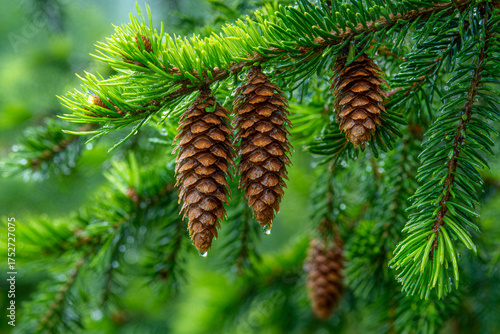 Wallpaper Mural Fresh green pine branches with ripe brown cones hanging and droplets of water in a vibrant natural forest environment on a rainy day Torontodigital.ca
