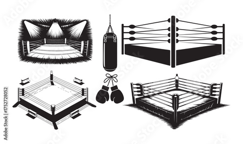 Boxing Ring Silhouette Vector Set – Fight Arena, Gloves and Punching Bag Icons.
