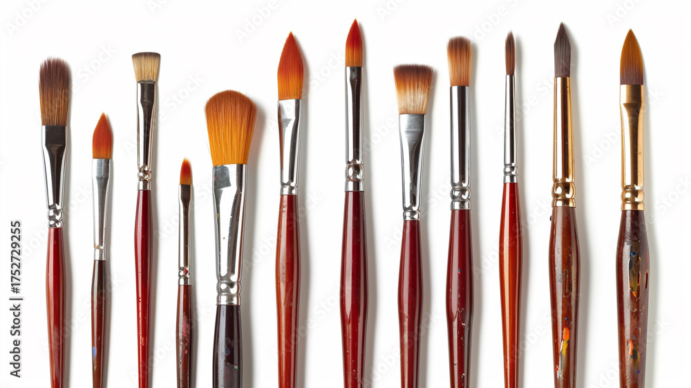 Fototapeta premium A neat row of clean artist paintbrushes with red handles and various tip shapes on a white background. Art tools.