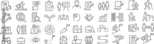 ベクターでモノクロの従業員のライフサイクルに関する線画アイコンセット
