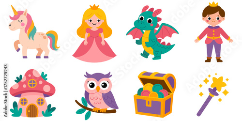 Unicorn, princess, dragon, prince, mushroom house, owl, treasure chest, and magic wand in a colorful fairy tale icon set. Perfect for children’s books and fantasy designs