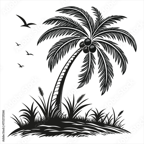 Tropical Palm Tree Silhouette Vector Illustration on Island