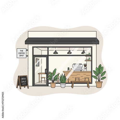 Modern Minimalist Coffee Shop Front with Plants – Cozy Café Exterior Vector Illustration