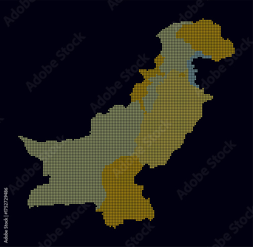 Pakistan dotted map. Digital style map of the country on dark background. Pakistan shape with circle dots. Colored dots style. Small size circles. Simple vector illustration.