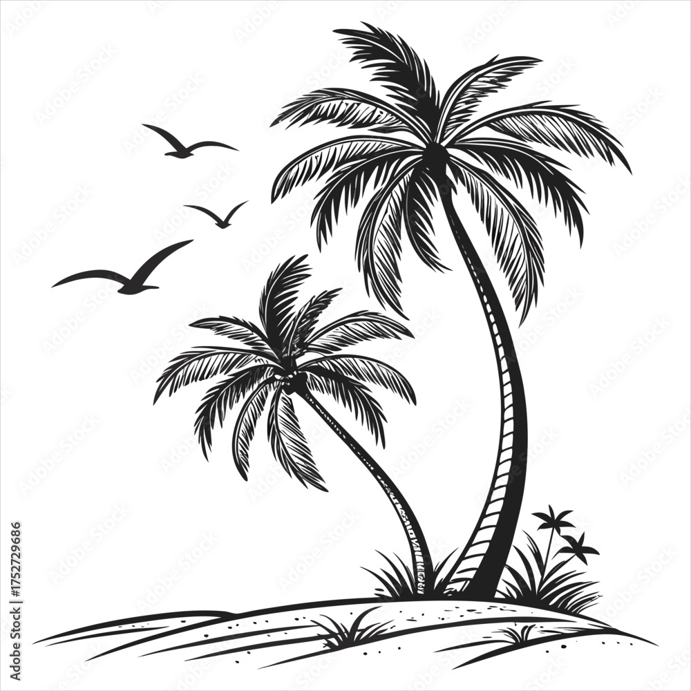 Fototapeta premium Tropical Palm Tree Silhouette Vector Illustration on Island