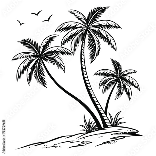 Tropical Palm Tree Silhouette Vector Illustration on Island