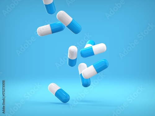 Falling blue white medicine pills capsules on blue background. 3D illustration