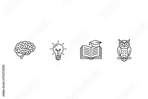 Education and wisdom icon set. Brain, idea lightbulb, graduation book, and wise owl symbols. Thin line art for learning, knowledge, and intelligence concepts. Vector graphic.