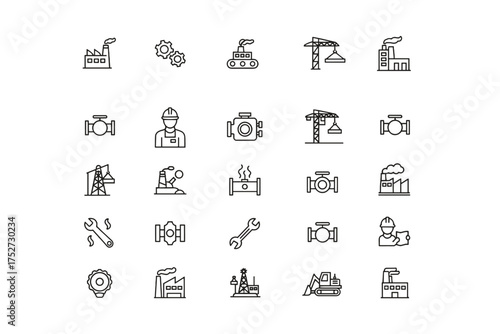 Industry and construction line icon set. Manufacturing, engineering, and factory concepts. Heavy industrial machinery, worker, crane, and energy vector symbols collection.