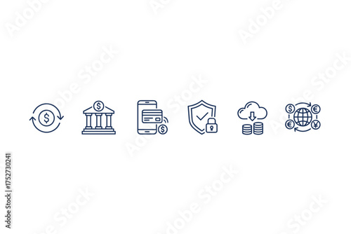 Set of business and finance line icons. Mobile payment, secure transaction, currency exchange, online banking, global money transfer and fintech concept vector illustration.