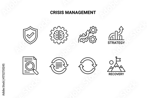 Crisis management outline icon collection. Business risk, disaster recovery, and continuity plan concept. Symbols for strategy, analysis, protection, process, and solution.