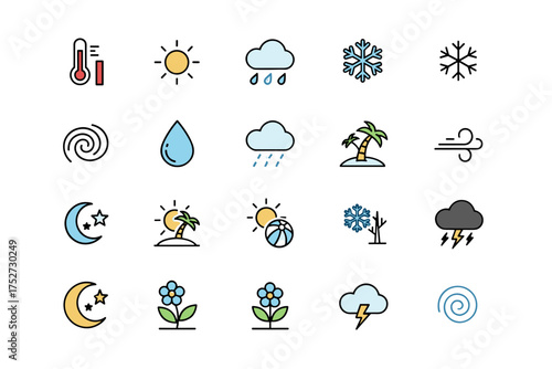 Weather icon set. Sun, rain, snow, storm, wind, temperature. Summer, winter, spring, fall seasons. Meteorology forecast symbols. Flat line vector illustration collection.