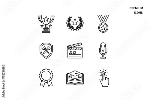 Award and achievement premium line icon set. Vector symbols for success, victory, competition, education, graduation, film, music, quality rating, and work craft.