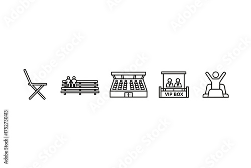 Spectator seating icon set. Grandstand, bleachers, and VIP box for sport events or concerts. Fan audience on a bench or chair. Person on a roller coaster in an amusement park.