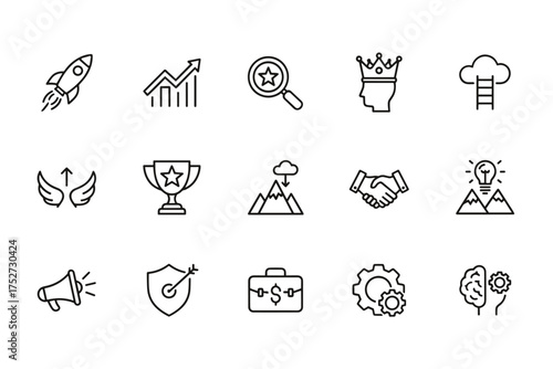 Business success and achievement icon set. Thin line vector symbols for startup, growth, leadership, strategy, and finance. Pictograms like rocket, trophy, handshake, and gears.