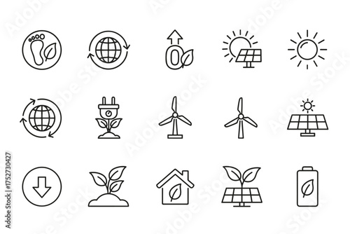 Ecology line icon set. Renewable green energy concept. Sustainable technology, zero emission, and environment care symbols. Carbon footprint, solar panel, wind turbine vector.