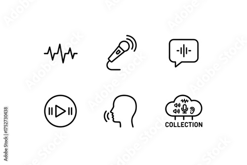 Set of voice and audio message line icons. Sound wave, microphone, podcast record, play button, voice command, speech recognition. Cloud audio collection vector symbols.