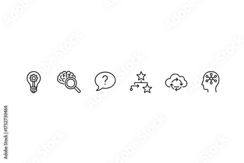 Thinking process and problem solving icons. Innovation, brainstorming, research, analysis, strategy, AI. Creative idea, question, planning, development, cloud data sync concept.