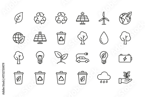 Ecology and environment line icon set. Green technology, renewable energy sources, and sustainability concepts. Eco friendly vector pictograms for recycling, clean power and nature.