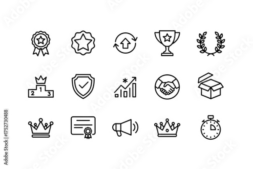 Award and achievement line icon set. Business success, quality, and performance symbols. Trophy, medal, podium, and certificate for winner recognition and motivation.