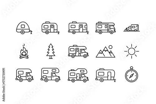 Camping and travel icon set. Camper van, motorhome, and trailer line icons. Outdoor adventure, road trip, and vacation symbols. Campfire, mountain, sun, compass vector.