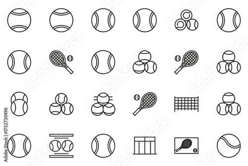 Tennis sport game thin line icon set. Vector outline pictograms. Graphic design elements collection. Simple linear symbols of tennis ball, racket, net, court and scoreboard.