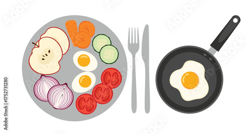 A healthy breakfast plate with fresh fruits vegetables and a fried egg in a pan.