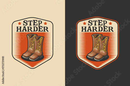 Cowboy boots retro badge logo vector design set for western fashion and country apparel. Wild west vintage emblem logo graphic. Ranch footwear illustration label element designs