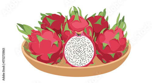 A vibrant display of ripe dragon fruits served in a rustic wooden bowl, one fruit sliced to reveal its white flesh speckled with black seeds.