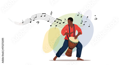 An energetic man playing a djembe drum with musical notes flowing.