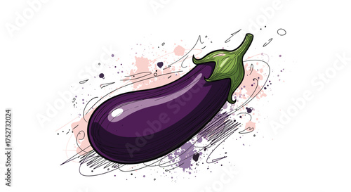 A vibrant purple eggplant depicted with artistic watercolor splashes surrounding it.