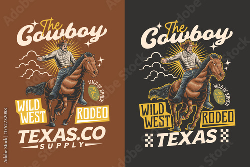 Cowboy riding horse retro illuistration design for wild west and adventure themes. Western vintage graphic. Country rider illustration label element designs