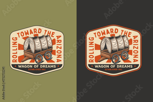 Pioneer wagon retro badge logo vector design set for adventure traveler. Vintage western emblem logo graphic. Country illustration label element designs