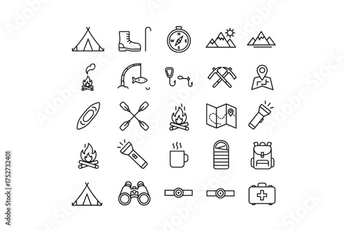 Camping and hiking icon set. Outdoor adventure and travel line icons. Collection of vector symbols for nature exploration, recreation, and survival equipment. Pictogram pack.