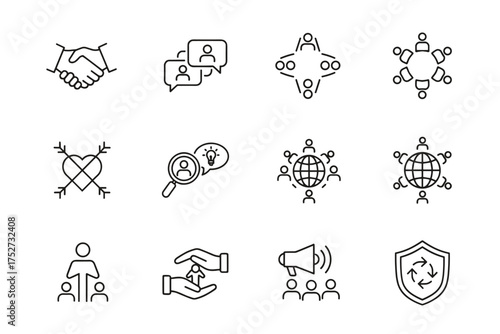 Business and collaboration vector line icon set. Teamwork, communication, partnership, and leadership concepts. Human resources, global team, meeting, support, and community icons.