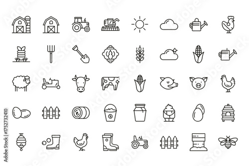 Farm and agriculture line icon set. Vector collection of rural life, organic food, and livestock symbols. Includes barn, tractor, cow, pig, chicken, crops, and tools.