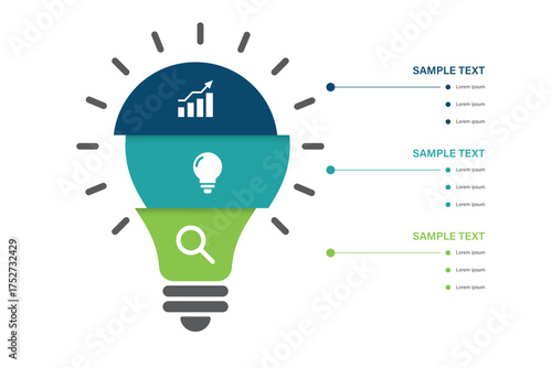 3 steps Segment Light Bulb Infographic Representing Growth, Innovation, and Research
