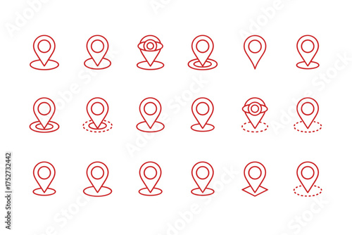 Map pin icon set. Location pointer and marker collection for navigation. GPS destination and geotag position symbols. Vector line art for tracking, route, and place finding.