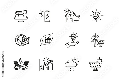 Renewable green energy vector line icons. Solar panel, sun power, battery storage, wind turbine, and eco friendly technology symbols for sustainability and ecology concepts.