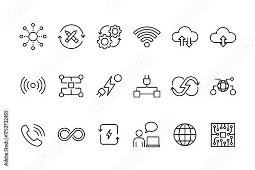 Technology and connectivity line icon set. Vector symbols for business process, network, cloud computing, data sync, workflow automation, energy, and communication concepts.