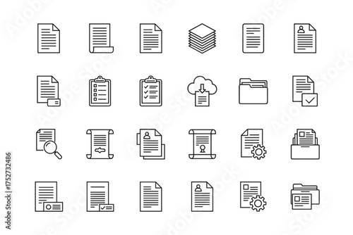 Document line icon set. File and paperwork vector symbols. Office data management, report, contract, folder, archive, and checklist signs. Thin line pictogram collection.