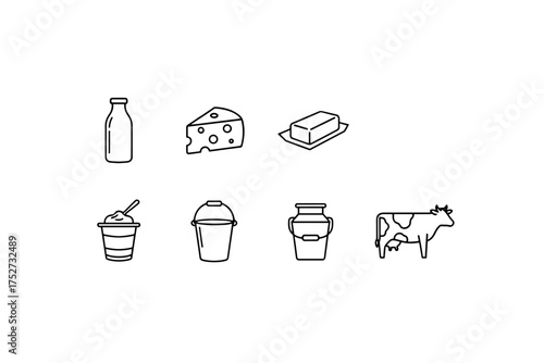 Dairy products icon set vector line art illustration. Milk, cheese, butter, yogurt, and farm cow symbols. Organic food, agriculture, and fresh dairy production concept.