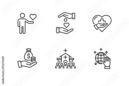 Charity donation and support icons outline set. Hands holding heart, money bag, cross medical help, church community, global outreach symbols. Fundraising, philanthropy, aid, care concept.