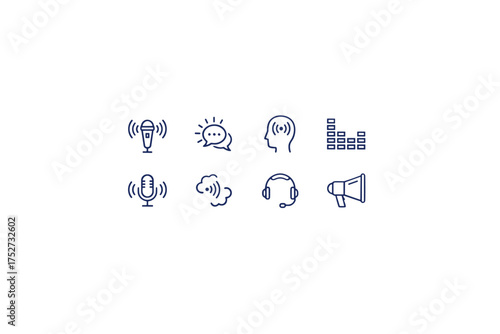 Voice and audio line icon set. Communication, sound recording, podcasting symbols. Microphone, speech, listen, headset, equalizer, sound wave, megaphone vector outline icons.