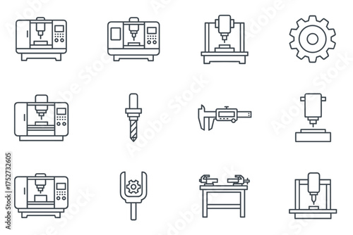 CNC machining line icon set. Metalworking industry and manufacturing automation symbols. Precision engineering tools, milling machine, drill, caliper, gear vector graphics.
