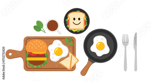 A delicious breakfast featuring a burger and fried eggs on a wooden board