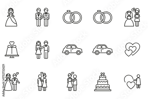 Wedding line icon set vector. Marriage celebration symbols. Bride, groom, gay & lesbian couples, LGBT love. Rings, cake, car, heart outline icons for ceremony invitation.