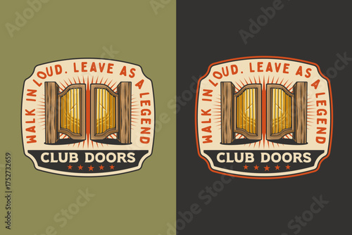 Cowboy Club door retro badge logo vector design set for wild west and bar entrance themes. Western vintage emblem logo graphic. Pub door illustration label element designs