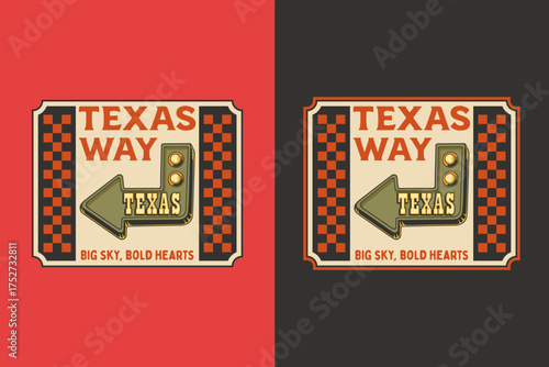 Texas sign retro badge logo vector design set for cowboy road and western travel themes. Wild west vintage emblem logo graphic. Country signboard illustration label element designs