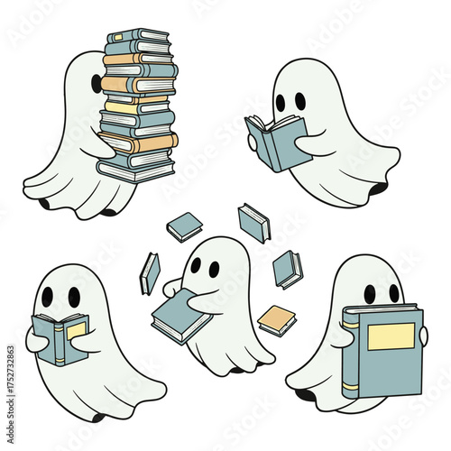 Cute cartoon ghosts enjoying reading books in various poses and stacks of literature on white background